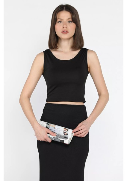 Kadın Kalın Askılı Kaşkorse Crop Top Bluz