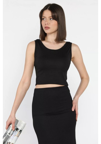 Kadın Kalın Askılı Kaşkorse Crop Top Bluz
