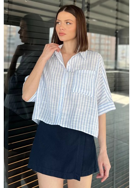 Kadın Tek Cepli Çizgi Desenli Oversize Gömlek