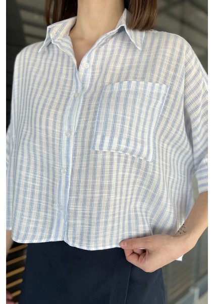 Kadın Tek Cepli Çizgi Desenli Oversize Gömlek