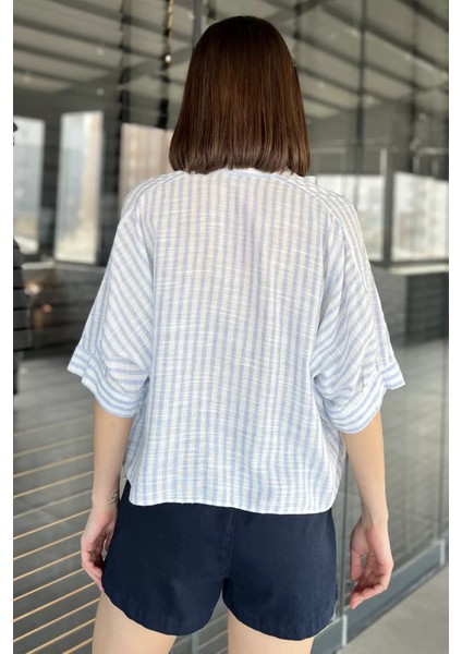 Kadın Tek Cepli Çizgi Desenli Oversize Gömlek