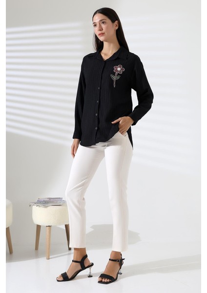 Uzun Kollu Durres Dokulu Çiçek Detaylı Serin Kumaş Kadın Gömlek