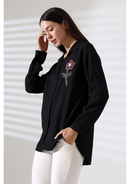 Uzun Kollu Durres Dokulu Çiçek Detaylı Serin Kumaş Kadın Gömlek modelleri