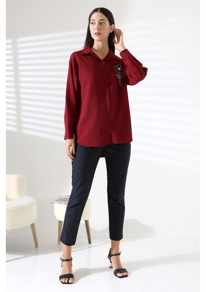 Uzun Kollu Durres Dokulu Çiçek Detaylı Serin Kumaş Kadın Gömlek