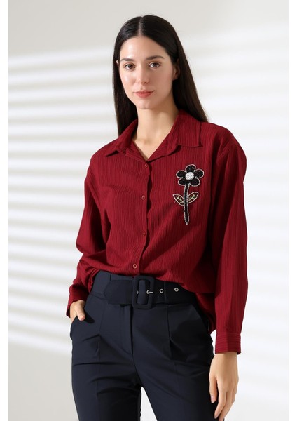 Uzun Kollu Durres Dokulu Çiçek Detaylı Serin Kumaş Kadın Gömlek fiyatları