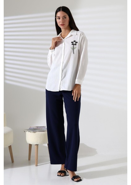 Uzun Kollu Durres Dokulu Çiçek Detaylı Serin Kumaş Kadın Gömlek