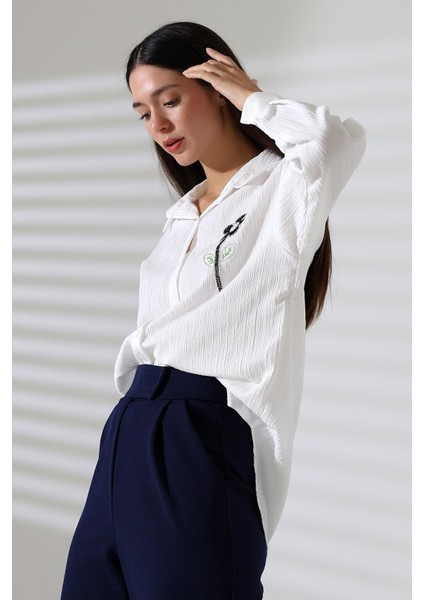 Uzun Kollu Durres Dokulu Çiçek Detaylı Serin Kumaş Kadın Gömlek fiyatları