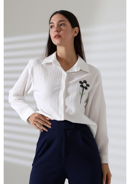 Uzun Kollu Durres Dokulu Çiçek Detaylı Serin Kumaş Kadın Gömlek modelleri