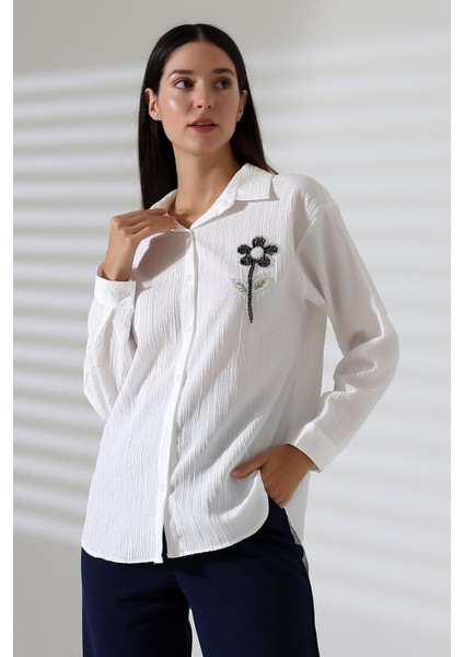 Uzun Kollu Durres Dokulu Çiçek Detaylı Serin Kumaş Kadın Gömlek fırsatları