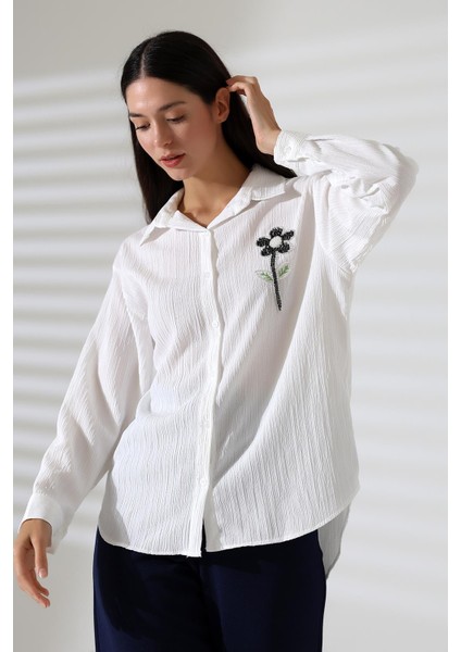 Uzun Kollu Durres Dokulu Çiçek Detaylı Serin Kumaş Kadın Gömlek indirimleri