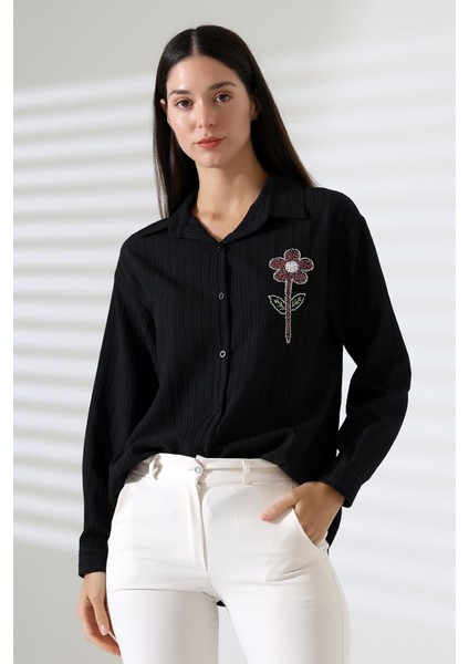 Uzun Kollu Durres Dokulu Çiçek Detaylı Serin Kumaş Kadın Gömlek indirimleri