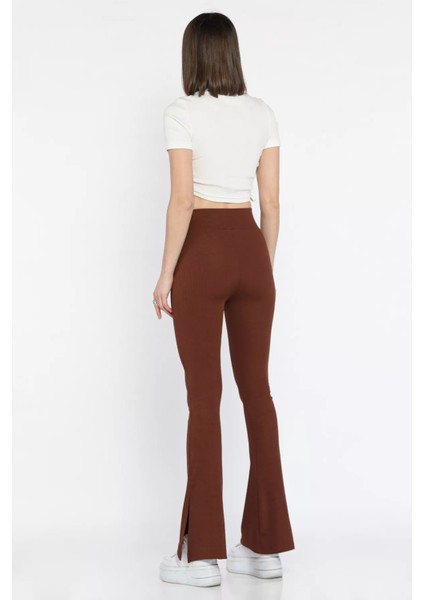 Kadın Ispanyol Paça Yırtmaç Detaylı Yüksek Bel Fitilli Tayt modelleri