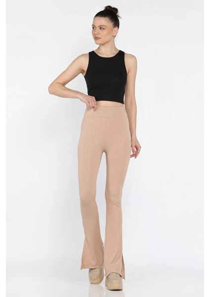 Kadın Ispanyol Paça Yırtmaç Detaylı Yüksek Bel Fitilli Tayt