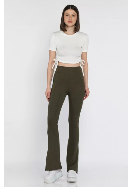 Kadın Ispanyol Paça Yırtmaç Detaylı Yüksek Bel Fitilli Tayt fiyatları