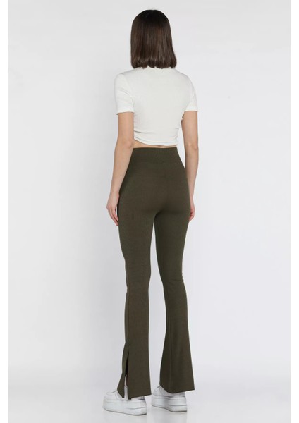 Kadın Ispanyol Paça Yırtmaç Detaylı Yüksek Bel Fitilli Tayt modelleri