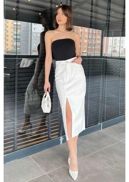 Kadın Çift Cepli Yırtmaç Detaylı Jean Kot Etek