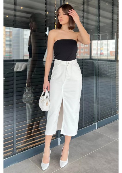 Kadın Çift Cepli Yırtmaç Detaylı Jean Kot Etek fiyatları