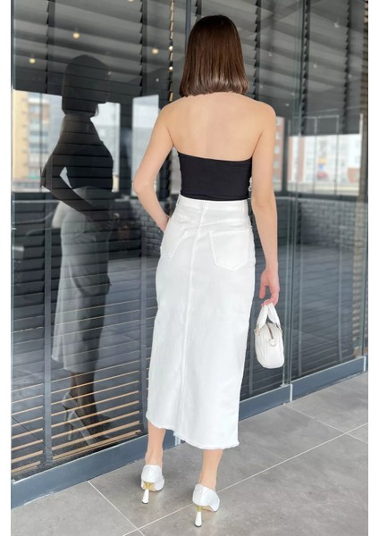 Kadın Çift Cepli Yırtmaç Detaylı Jean Kot Etek modelleri