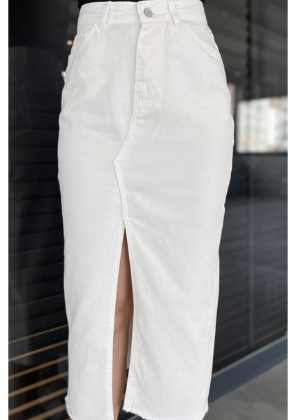 Kadın Çift Cepli Yırtmaç Detaylı Jean Kot Etek fırsatları