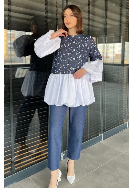 Balon Kol Garnili Taşlanmış Tunik Pantolon Jeans Ikili Takım
