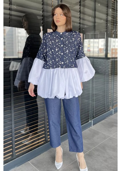 Balon Kol Garnili Taşlanmış Tunik Pantolon Jeans Ikili Takım fiyatları