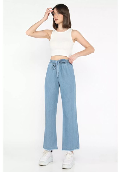 Kadın Yüksek Bel Paça Püsküllü Palazzo Jean Kot Pantolon