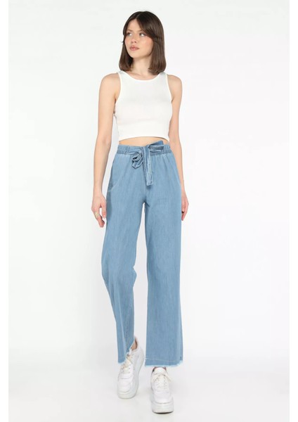 Kadın Yüksek Bel Paça Püsküllü Palazzo Jean Kot Pantolon fiyatları