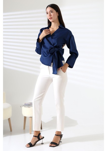 Saten Kruvaze Yaka Yandan Bağlamalı Gömlek Bluz