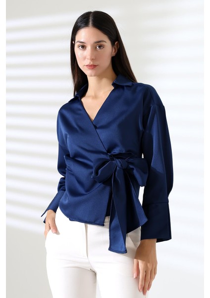 Saten Kruvaze Yaka Yandan Bağlamalı Gömlek Bluz fiyatları
