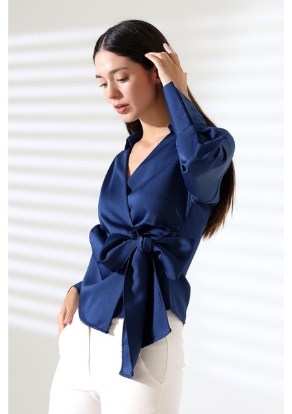 Saten Kruvaze Yaka Yandan Bağlamalı Gömlek Bluz modelleri