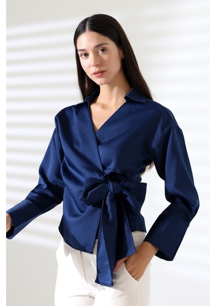 Saten Kruvaze Yaka Yandan Bağlamalı Gömlek Bluz fırsatları