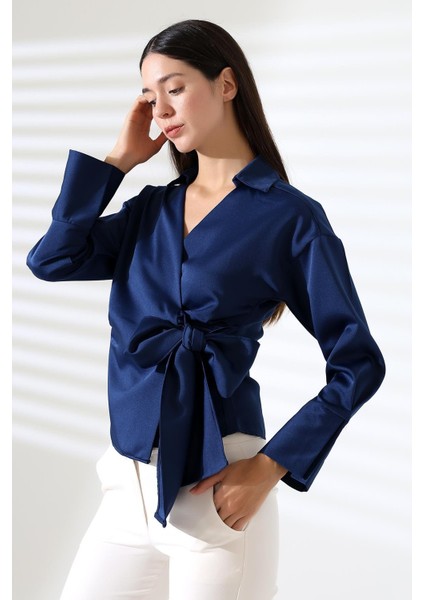 Saten Kruvaze Yaka Yandan Bağlamalı Gömlek Bluz indirimleri