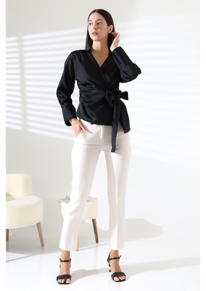 Saten Kruvaze Yaka Yandan Bağlamalı Gömlek Bluz