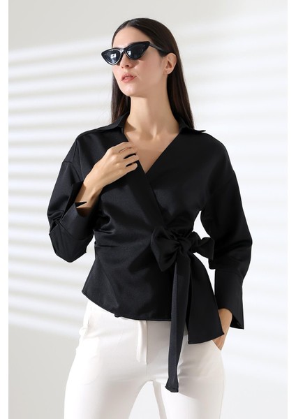 Saten Kruvaze Yaka Yandan Bağlamalı Gömlek Bluz modelleri