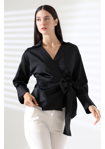 Saten Kruvaze Yaka Yandan Bağlamalı Gömlek Bluz fırsatları