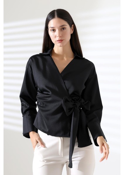 Saten Kruvaze Yaka Yandan Bağlamalı Gömlek Bluz indirimleri