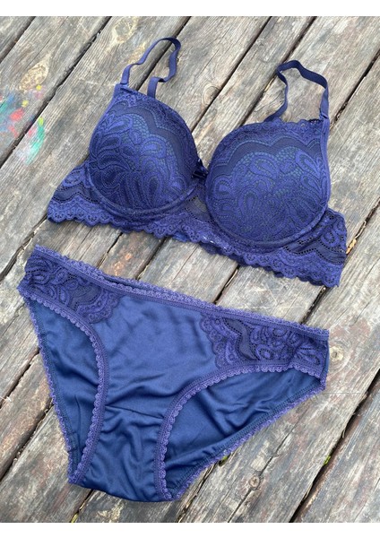 Mavi Dantelli Destekli Sütyen Takımı