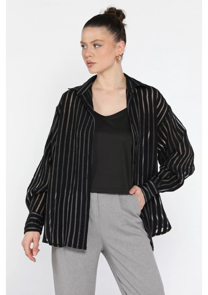 Kadın Çizgili Tül Detaylı Içlik Kombinli Gömlek
