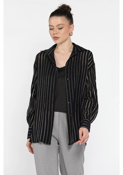 Kadın Çizgili Tül Detaylı Içlik Kombinli Gömlek fiyatları