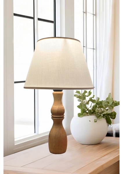 Glad Masif Ahşap Ayaklı Zarif Abajur Konik Krem Başlıklı Masa Lambası Komodin Abajur