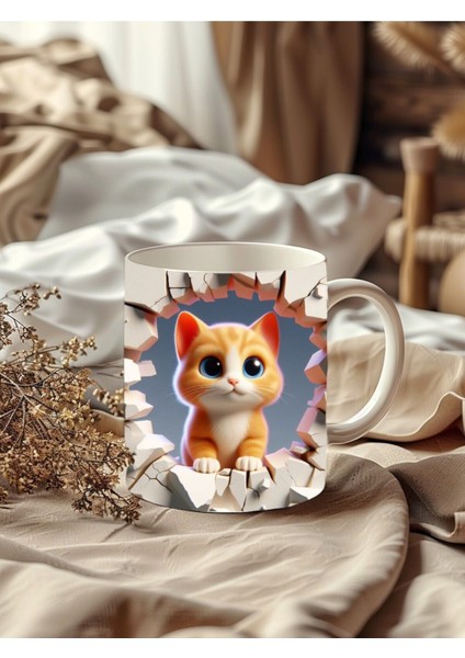 Yavru Kedi Sarı Baskılı 3D Tasarım Porselen Kupa Mug - JS07