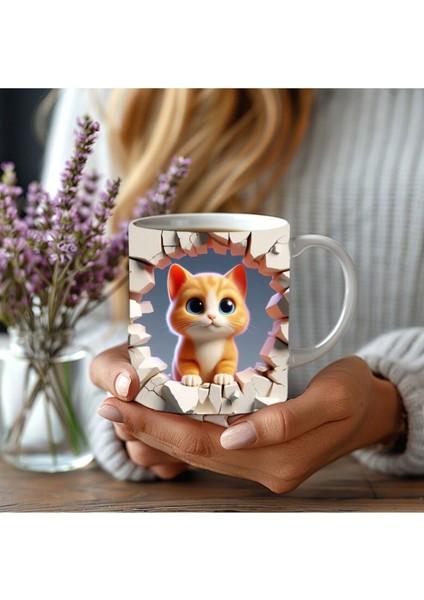 Yavru Kedi Sarı Baskılı 3D Tasarım Porselen Kupa Mug - JS07