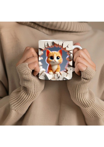 Yavru Kedi Sarı Baskılı 3D Tasarım Porselen Kupa Mug - JS07