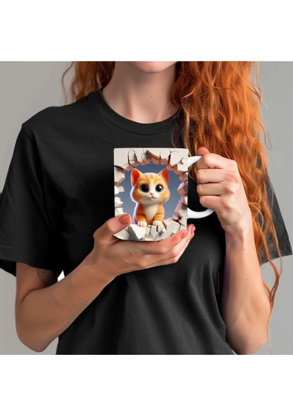 Yavru Kedi Sarı Baskılı 3D Tasarım Porselen Kupa Mug - JS07