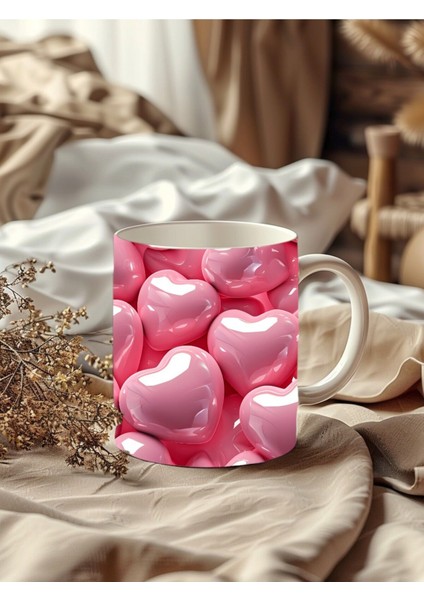 Pembe Kalp Baskılı 3D Tasarım Porselen Kupa Mug - JS17