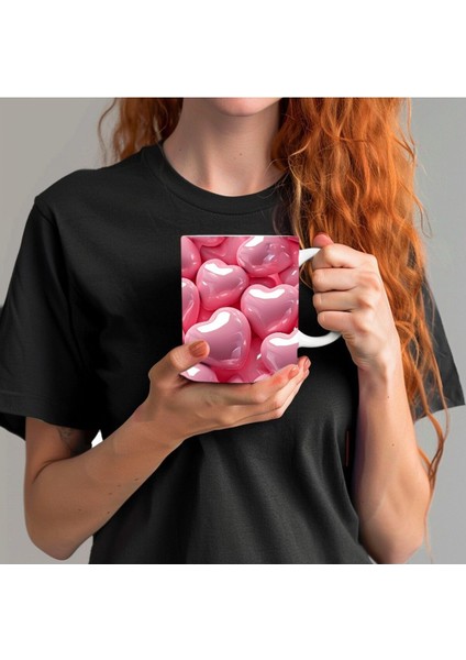 Pembe Kalp Baskılı 3D Tasarım Porselen Kupa Mug - JS17