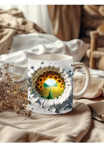 Sarı Ayçiçeği Bahçesi Baskılı 3D Tasarım Porselen Kupa Mug Hediyelik Porselen Bardak Kupa - JS48