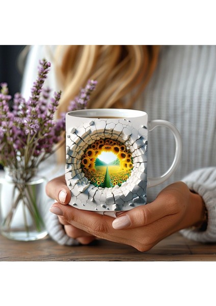 Sarı Ayçiçeği Bahçesi Baskılı 3D Tasarım Porselen Kupa Mug Hediyelik Porselen Bardak Kupa - JS48