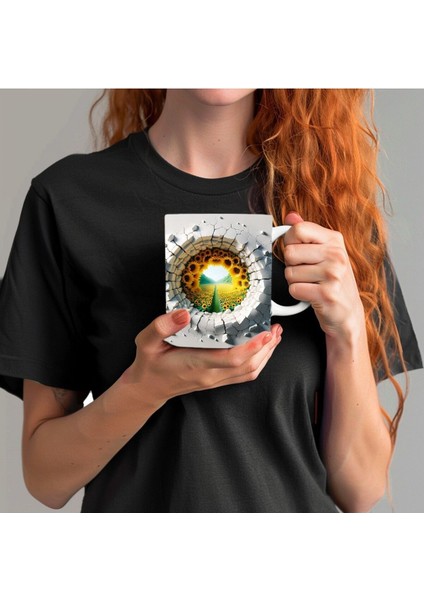 Sarı Ayçiçeği Bahçesi Baskılı 3D Tasarım Porselen Kupa Mug Hediyelik Porselen Bardak Kupa - JS48