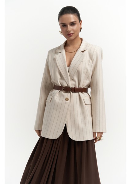 Juba Vizon Çizgili Bej Basic Blazer
